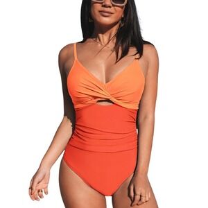 Cupshe Orange Red Colorblock Twist Front Cutout One Piece Swimsuit Size M NEW